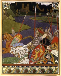 Volga Svyatoslavich y su ejército. (Volga Svyatoslavich y su ejército). Ilustración para epopeyas míticas inspiradas en el folclore del norte de Rusia. Obra de Ivan Yakovlevich Bilibin (Bilibin) (1876-1942), litografía