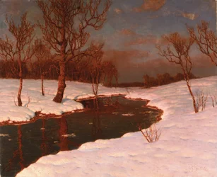 Atardecer en un paisaje de río nevado