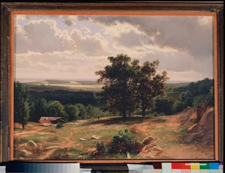 Robles, Paisaje cerca de Dusseldorf (Alemania) - Robles, Paisaje cerca de Dusseldorf - Pintura de Ivan Ivanovich Shishkin (Chichkine) (1832-1898), oleo sobre madera