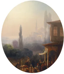 Escena de mercado en Constantinopla, con la Hagia Sophia al fondo, 1860
