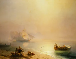 Pescadores en la orilla del mar, la bahía de Nápoles, 1873