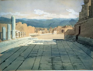 Pompeya (Italia). Vistas del foro de las ruinas romanas en la bahía de Nápoles, frente al monte Vesubio. Obra de Ivan Nikolayevich Kramskoi (1837-1887), acuarela sobre papel