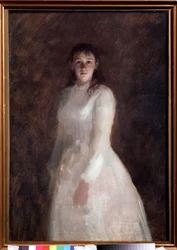 Retrato de una joven (Retrato de una joven). (vestida con un vestido largo blanco). Pintura de Ivan Nikolayevich Kramskoi (1837-1887), óleo sobre lienzo. arte ruso