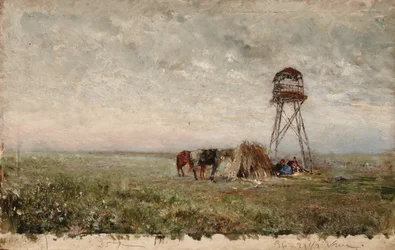 Cosacos bajo una torre de vigilancia en la frontera del Cáucaso
