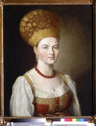 Retrato de una mujer en traje ruso (Retrato femenino en vestido ruso). Pintura de Ivan Petrovich Argunov (Argunov) (1729-1802). Óleo sobre lienzo, 67 x 53,6 cm
