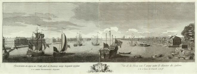 Vista del río Neva entre el astillero y la isla Vasilyevsky Libro del 50 aniversario de San Petersburgo, 1753