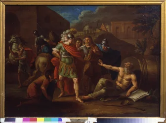 Alejandro Magno (Alejandro III de Macedonia, 356-323 a.C.) visita a Diógenes (Diógenes de Sinope o el Cínico, hacia 413-circa 327 a.C.) en Corinto (Grecia)
