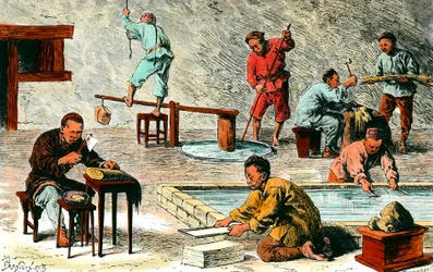 Fabricación de papel en China: diferentes etapas de la producción de hojas de papel a partir de la corteza. Dibujo de Ivan Pranishnikoff (1841-1909). Siglo XIX Colección privada
