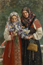 Flores silvestres. (Flores del Prado). Una madre y su hija, elegantes con sus vestidos folclóricos y un colorido pañuelo que cubre su cabello, sostienen un ramo de flores silvestres en sus manos. Pintura de Ivan Semyonovich Kulikov (Koulikov) (1875)