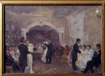 La bola del comerciante. Las parejas bailan, las jóvenes vestidas de blanco están sentadas esperando una invitación para bailar. Pintura de Ivan Semyonovich Kulikov (Koulikov) (1875-1941), óleo sobre lienzo