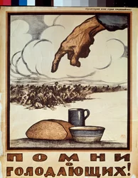 ¡Recordad a los hambrientos! (Una mano señala a una multitud de personas hambrientas, vestidas con harapos, que caminan hacia una barra de pan y un plato de sopa) - ¡Recordad a los hambrientos! (Cartel) - Cartel de Ivan Vasilievich Simakov (1877-1925), lit