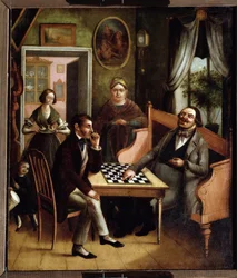 "Las damas" Grupo de burgueses rusos en un interior. Pintura de Ivan Stepanovich Doshchennikov (1812-1893) 1840-1850 Galería Estatal de Arte, Perm, Rusia