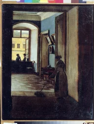 "Vista de un interior" Una criada friega el suelo a la sombra de un pasillo (¿de una escuela?). Pintura de Ivan Trofimovich Durnov (1801-1847) Museo Estatal de Arte de la República de Tatarstán, Kazán