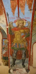 San Miguel Arcángel. Fresco en la Catedral de Nuestra Señora del Signo, Nóvgorod, principios del siglo XVIII