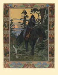 Ilustración del cuento de hadas de Vasilisa la Bella y el Jinete Blanco