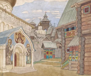 Aldea rusa. Diseño escénico para la ópera El cuento del zar Saltán de N. Rimsky-Korsakov