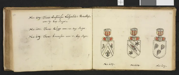 Ilustración procedente de un archivo privado de la Biblioteca Nacional, titulada Insignia quædam virorum illustrium in Norvegia quodam habitantium, de Iver Nielssøn Hirtzholm