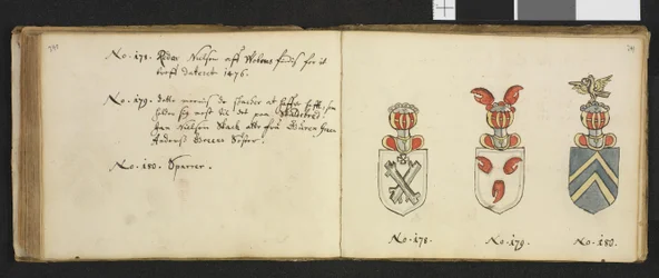 Ilustración procedente de un archivo privado de la Biblioteca Nacional, titulada Insignia quædam virorum illustrium in Norvegia quodam habitantium, de Iver Nielssøn Hirtzholm