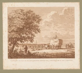 Paisaje con granjeros haciendo heno con Amsterdam en el horizonte Vista exterior de Haarlemmer-Poort con Ámsterdam a la vista (título sobre el objeto)