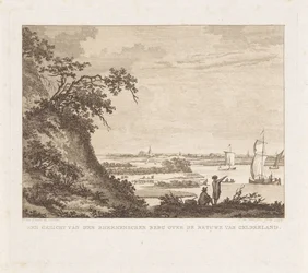 Amplio paisaje con dos figuras y veleros Una vista de den Rheenenschen Berg sobre el Betuwe de Gelderland (título sobre el objeto)