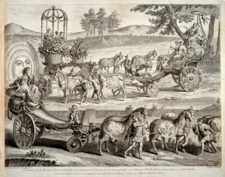 Carro de Apolo - Extracto del álbum ""Masque royal"" (Mascara real) - Grabado en cobre por A J De Fehrt (Defehrt) (1723-1774)