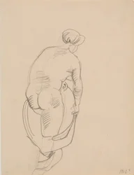 Mujer desnuda de pie, vista de espaldas