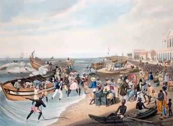 Desembarco en Madrás, grabado por C. Hunt, publicado por Ackermann y Co., 1856