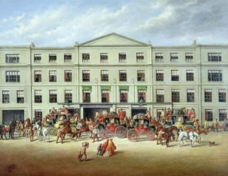 Cambiando caballos fuera del Plough Inn, Cheltenham, 1870