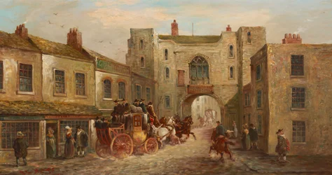 Puerta de San Juan desde el norte con coche y caballos, 1880