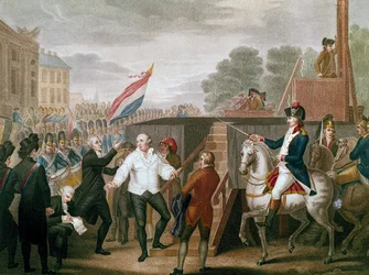 Revolución Francesa: Rey Luis XVI con su confesor Edgeworth el 21/01/1793 El rey subiendo al cadalso. Ilustración de J. F. Cazenave (1770-?) 1793