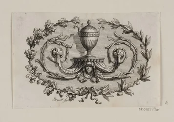 Un jarrón de dos asas, rodeado de enredaderas