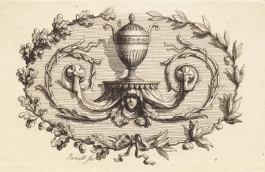 Un jarrón de dos asas rodeado de enredaderas