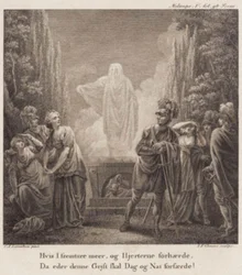 Melampe. Si persistís más, y endurecéis vuestros corazones, este espíritu os aterrará día y noche. Grabado después de la galería de Holberg de Llorentzen.