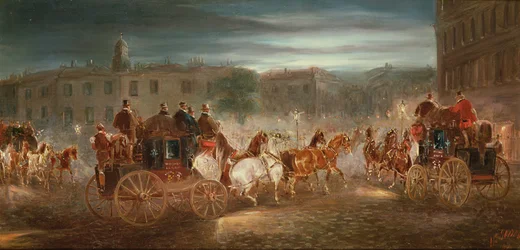 Escena de carruajes al atardecer en una ciudad