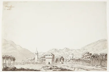 Paisaje de Domodossola en Suiza con iglesia y torre de vigilancia