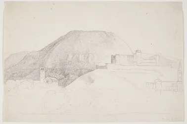 Estudio de paisaje con montaña y edificios. Spoleto, Italia
