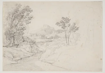Estudio de paisaje con edificios junto a un arroyo. Italia