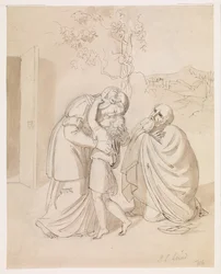 Sara se despide de Isaac, Abraham arrodillado