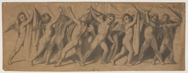 Boceto para el telón del Teatro Real; putti corriendo la cortina
