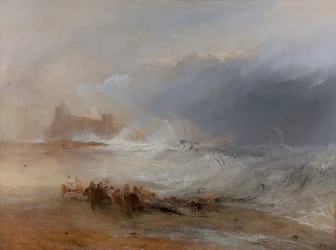 Naufragadores -- Costa de Northumberland, con un barco de vapor asistiendo a un barco en la costa