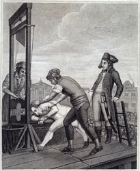 La ejecución de Maximilien de Robespierre (1758-1794) en la guillotina el 28/07/1794 en la Place de la Concorde. Grabado de James Idnarpila según J. Beys. Hacia 1799. París, Musée Carnavalet