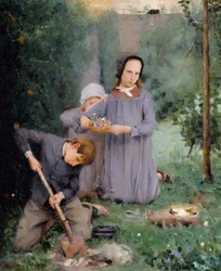 Niños enterrando un pájaro