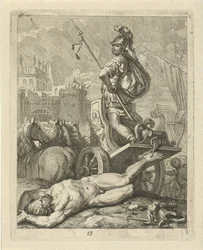 Aquiles con el cadáver de Héctor detrás de su carro. Escenas de la vida de Aquiles (título de la serie) Vitam et mortem achilli (título de la serie)