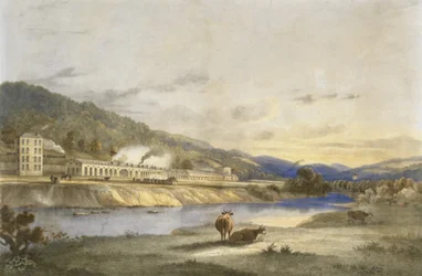 Trefforest Tin Works, Glamorganshire, c.1840 (litografía coloreada a mano sobre papel)