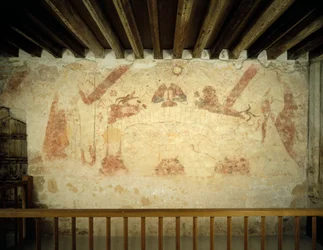 Un mural del siglo XV en la pared este de la cámara pintada en la Abadía de Cleeve, Somerset, 1999