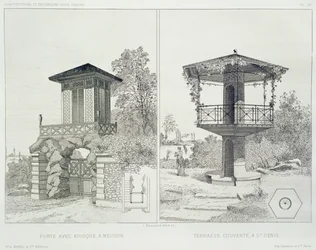 Portal con quiosco, Meudon, y terraza cubierta, St. Denis, de un volumen de diseños de varios arquitectos, pub. Morel & Cie, París, c.1880