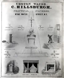 Agua de Croton. C. Hillsburgh, plomero práctico, no. 342 Water Street, Nueva York, 1840s