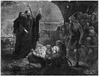 Misioneros cristianos interrumpiendo un sacrificio humano, 1878