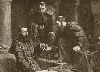 Escondiendo tesoro en la supresión de un monasterio, ilustración de La Iglesia de Inglaterra: Una Historia para el Pueblo por H.D.M. Spence-Jones, pub. c.1910 litografía sepia