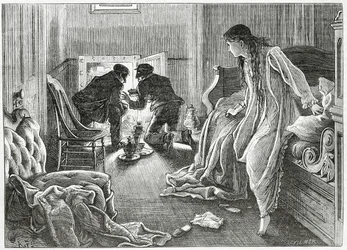 Levanté mi mano muy suavemente y saqué el puñal de debajo de mi almohada, ilustración para una historia de crimen 